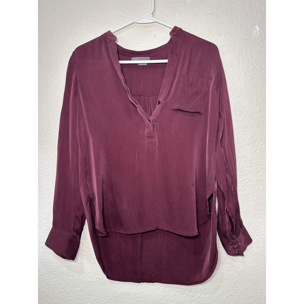 Vince Women Plum Purple Silk Blend Henley Blouse Long Sleeve Size 2 High Low Hem